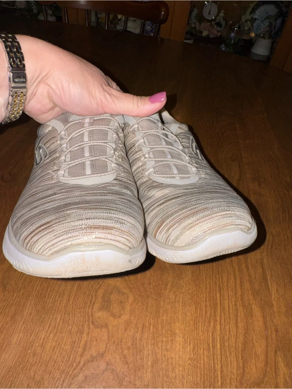 Skechers Women's Slip-On Athletic Sneakers in Beige and White Stripe